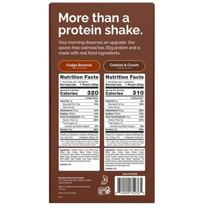 Oats Overnight Variety Pack 30g Protein Oatmeal Shake Cookies &amp Cream &amp Fudge Brownie High Protein Breakfast Drink Mix Just Add Milk 14 Pack + Shaker Bottle Included