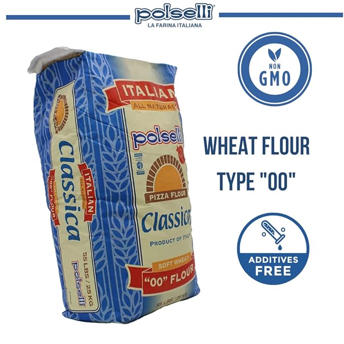 POLSELLI Classica Tipo 00 Double Zero Flour for Pizza Bread Pastas and more All Natural European Unbleached Unbromated No Additives Formulated for a 8+ hour rise (25 kg) 55 lbs