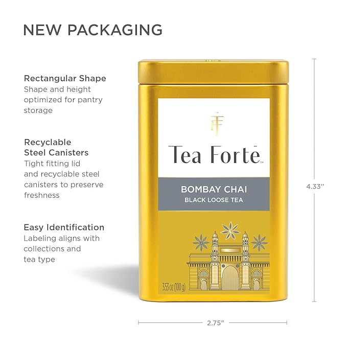 Tea Forte Bombay Chai Premium Loose Leaf Caffeinated Black Tea Blend Canister Makes 35-50 Cups