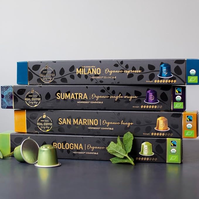 Bologna Organic Italian Espresso for Nespresso | 100 Organic Aluminum Capsules | Eco-Friendly Medium Roast | 100% Nespresso Compatible Pods | Fairtrade Coffee