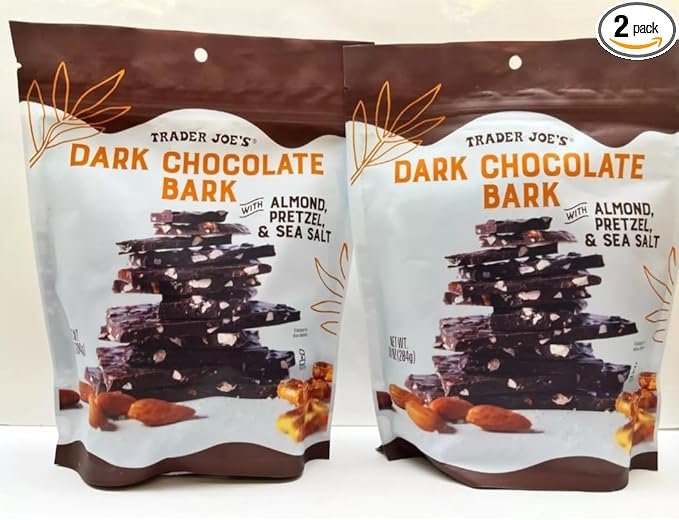 Trader Joe Dark Chocolate Bark with Almonds Pretzel &amp Sea Salt 10oz 284g (Two Bags)