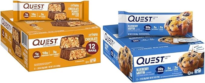 Quest Nutrition Crispy Chocolate Peanut Butter Hero Protein Bar 18g Protein 12 Count and Blueberry Muffin Protein Bars 21g Protein Gluten Free Keto Friendly 12 Count Pack of 1