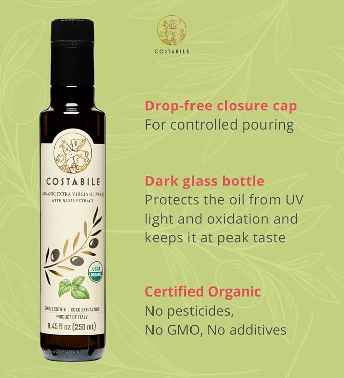 Basil Olive Oil Organic from Puglia Italy. Basil Infused Extra Virgin Olive Oil from a single source. Perfect for Salad Dressing - COSTABILE 8.45 Fl. Oz.
