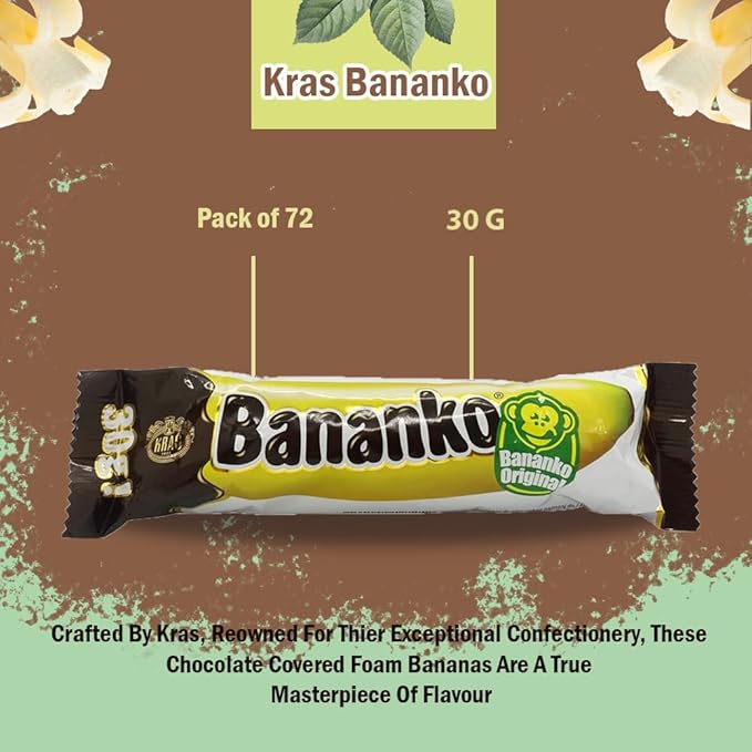 Kraš Bananko 120g - Irresistibly Delicious Mini Chocolate Covered Foam Bananas - Treat Yourself to Every Bite of Sweet Bliss! Pack of 5 (30G 72 Pack)