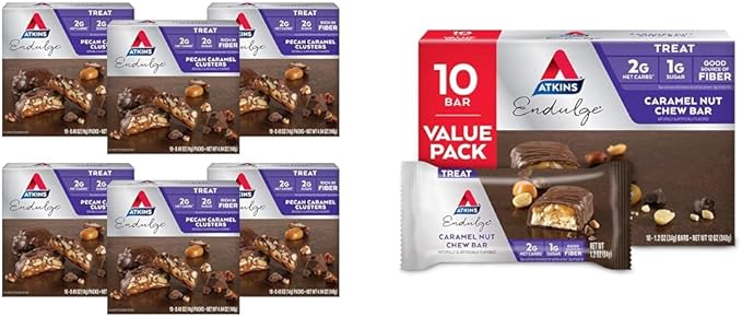 Atkins Pecan Caramel Clusters 60 Count and Caramel Nut Chew Bars 10 Count Bundle