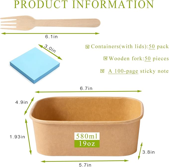 MINCOCO 50 Count Paper Bowls Disposable Meal Prep Containers with Lids【Includes 50 Wooden Forks + 100 Labels】 Salad Food Containers Freezer &amp Microwave Safe Leakproof Soup Bowls (19 Ounce 50-Coun