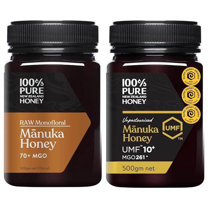 100% Pure New Zealand Manuka Honey MGO 70+ and UMF 10+ Bundle 2 x 17.6 Oz