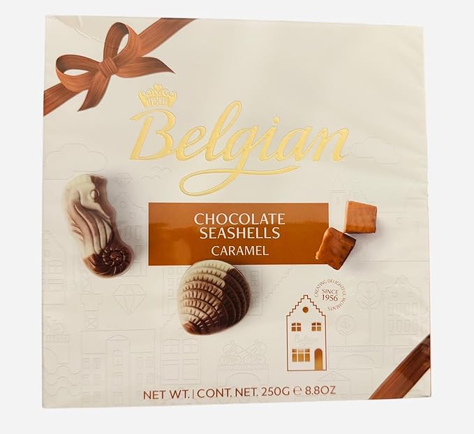 The Belgian Caramel-Flavored Chocolate Seashells Premium Belgian Chocolate Bonbons with Hazelnuts 8.8 Oz Gift Box