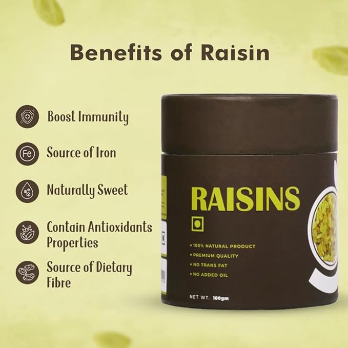 Plain Seedless Green Raisins Papertube 100% Natural Dried Grapes (Kishmish) | Nutritious Delicious &amp Healthy Snack Source of Fibre in Nuts No Preservatives-100gm