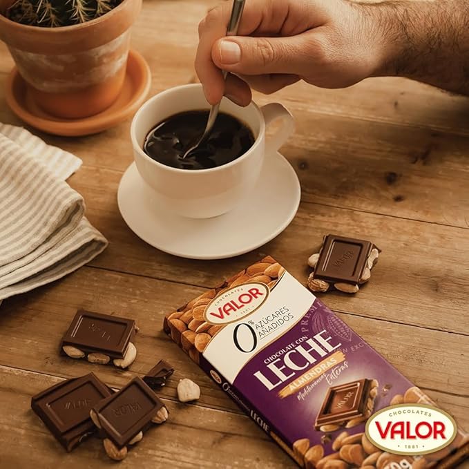 Valor. Milk Chocolate with Mediterranean Marcona Almonds. No sugar added. 150g (5.29oz). Pack of 3.