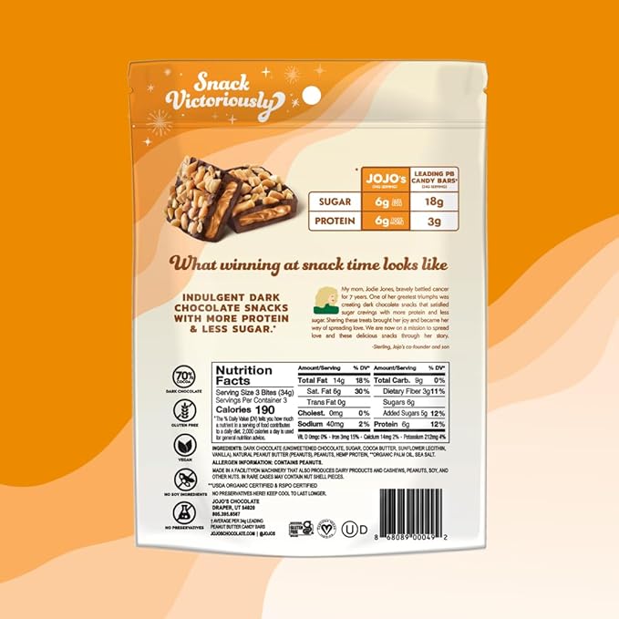 JOJO's Dark Chocolate Peanut Butter Filled Healthy Snack Low Sugar Low Carb Gluten Free Non GMO Paleo &amp Keto Friendly Made with Plant Based Hemp Protein Vegan (4 Count)