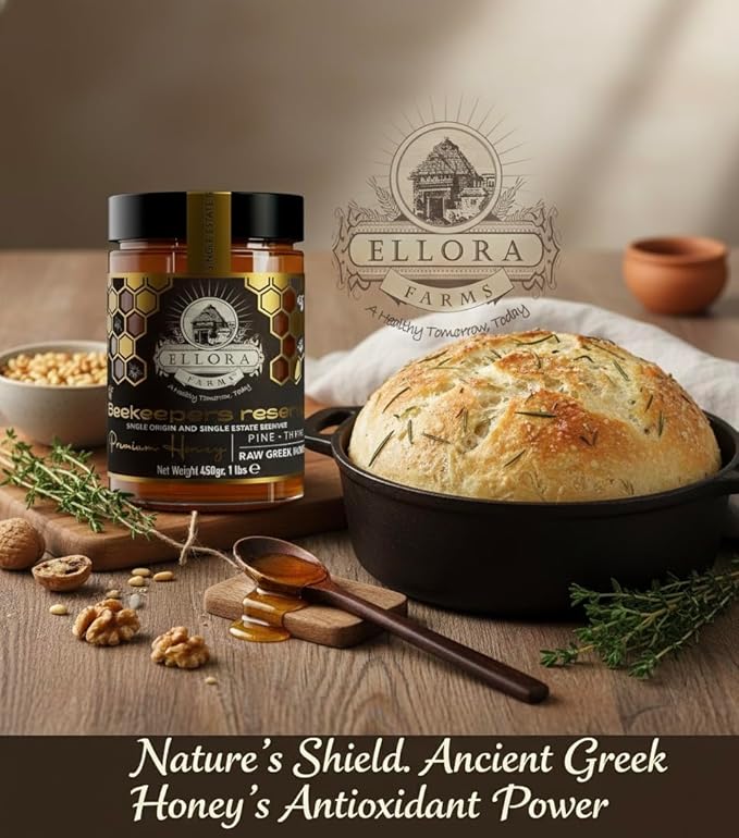 Ellora Farms Organic Greek Honey Bundle – Wild Thyme &amp Pine-Thyme Raw Unfiltered Award-Winning Preservative-Free Gift Pack with Dipper Pure Cold-Pressed – 2 x 450g