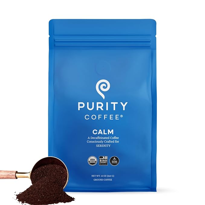 Purity Coffee CALM Decaf Medium Roast Ground (12oz Bag) | Specialty-Grade USDA Organic Mountain Water Process Decaffeinated Blend | Third Party Tested for Mold Mycotoxins &amp Pesticides