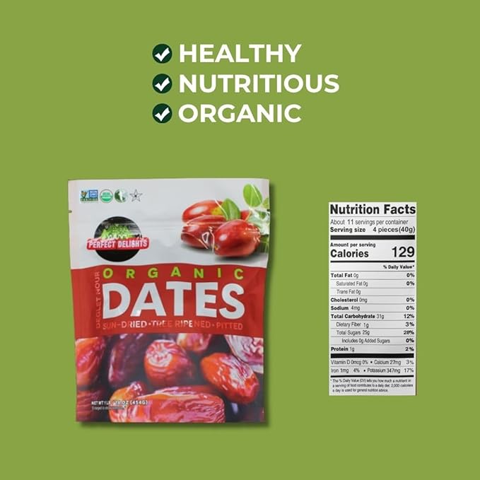 Perfect Delights Organic Dates Vegan Sun-Dried Pitted Dates Healthy Fruit Snack for Kids and Adults - Single Pack(16 oz)