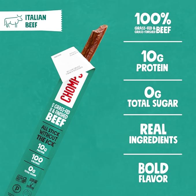 CHOMPS Grass Fed Beef Jerky Meat Snack Sticks AIP Diet Compliant Keto Paleo Whole30 Approved Low Carb Gluten Free Sugar Free Non-GMO 90 Calories 1.15 Oz Stick Italian Beef 10 Pack