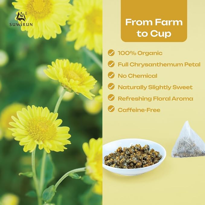 Suwirun Organic Chrysanthemum Tea 25 Bags – 100% Chrysanthemum Flowers – Naturally Caffeine-Free Sweet Floral Aroma – Supports Relaxation &amp Wellness