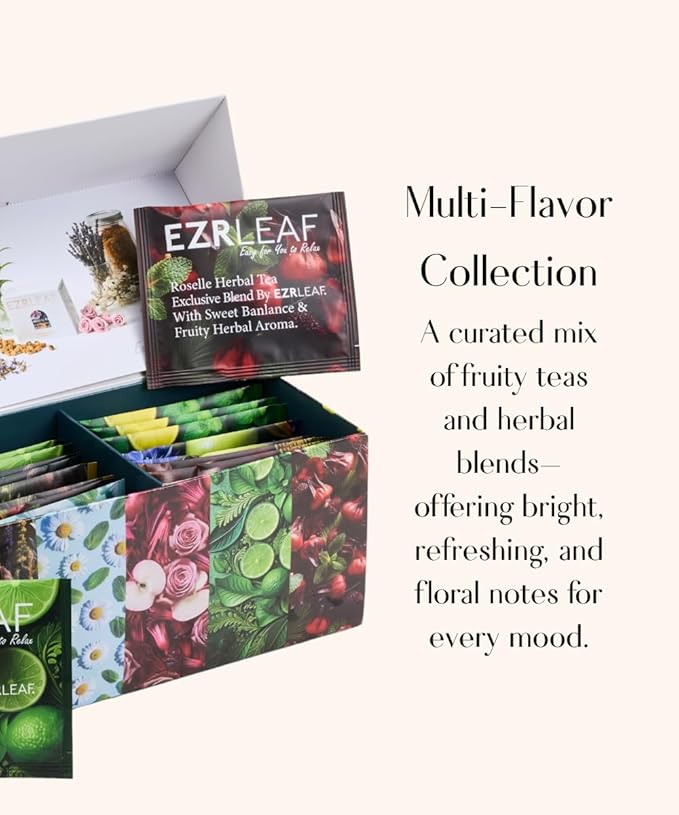 EZR Leaf Herbal &amp Fruit Tea Sampler Gift Box – 22 Pyramid Tea Bags with 9 Fruit &amp Floral Blends – Low &amp Caffeine Free Assortment for Relaxing Tea Lovers Lemon Verbena Lemongrass  Rooibos
