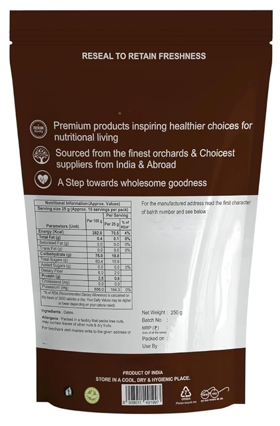 Generic Premium Dates Natural Khajoor| No Added Sugar | No Preservatives| Healthy Tasty &amp Nutritious Dryfruits Snack | Rich in Iron Fiber| Sweet Jewel of The Deserts - 250gm