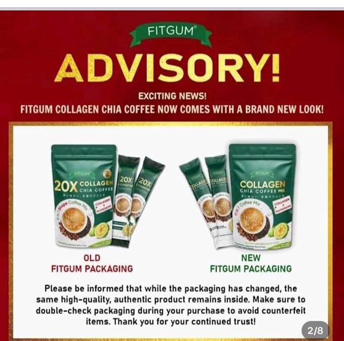 2 Packs FIT GUM Collagen Chia Coffee - 11 in 1 Coffee Mix (10 Sachets per Pack)