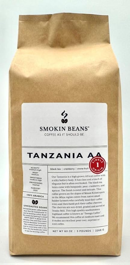 5-Pound Tanzania Aa Unroasted Green Arabica Coffee Beans Fresh Current Crop Specialty Grade Roast the Beans Yourself at Home on Your Roasting Equipment Prior to Using for Brewing Coffee