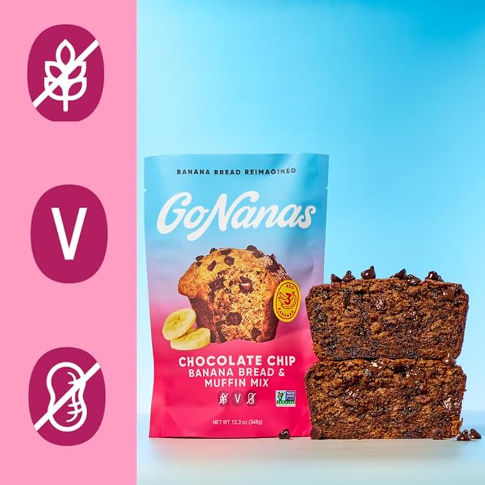 GoNanas Chocolate Chip Oat Flour Banana Bread Mix Suitable for Plant Based Vegan Diets Gluten Free Dairy Free Snacks Healthy Snacks For Adults Muffin Mix Nut Free Cupcakes Dessert NON-GMO 2pk