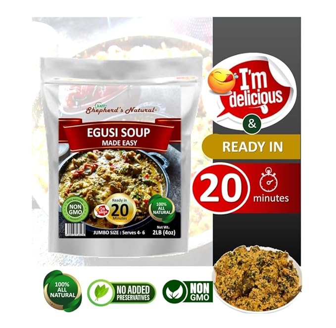 EGUSI SOUP MADE EASY – Get the rich traditional taste of Nigeria in minutes! This full 1.75LB jumbo kit by HATF'S SHEPHERD'S NATURAL serves 4–6 and cooks in just 20 minutes. Perfect for easy meals!