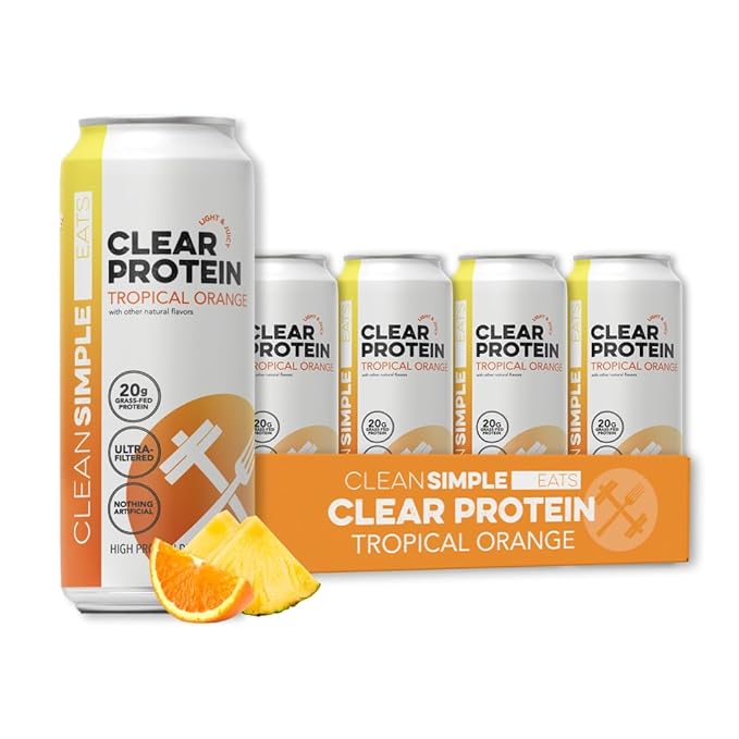 Clean Simple Eats Clear Protein Water 20G Grass Fed Whey Protein Ultra Filtered Light &amp Refreshing Beverage Low Lactose No Artificial Ingredients Tropical Orange Flavor 16 Oz Cans 12 Pack