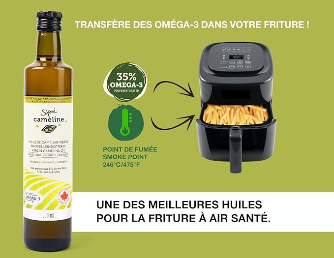 Cold-Pressed Virgin Camelina Oil 500mL by Signé Caméline | High Smoke Point 475°F | Rich in Omega-3 &amp Vitamin E | Alternative to Olive Oil | Vegan | Made in Canada | Non-GMO