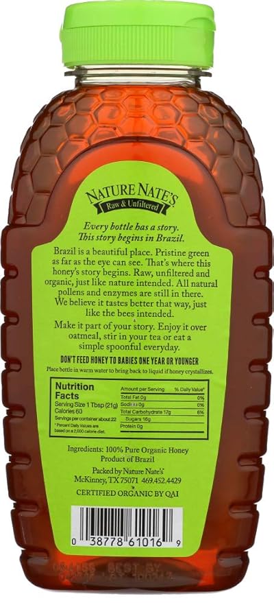 Nature Nate’s 100% Pure Raw &amp Unfiltered Organic Honey Made by Brazilian Bees and Packaged in a 16-oz. Squeeze Bottle Enjoy Honey’s Balanced Flavor and Wholesome Benefits Just as. (3 Pack)