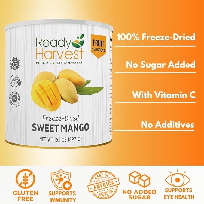 Ready Harvest Freeze Dried Food - Mango | Emergency Snacks | Fruit for Camping &amp Survival | #10 Can | 25-Year Shelf Life | Cans Filled to the Top