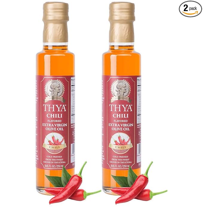 THYA Chili Flavored Extra Virgin Olive Oil Cold Pressed Olives EVOO for Salad Dressing and Cooking 2 Bottles of 8.45 fl oz/ 250ml each Total 16.9 Fl oz