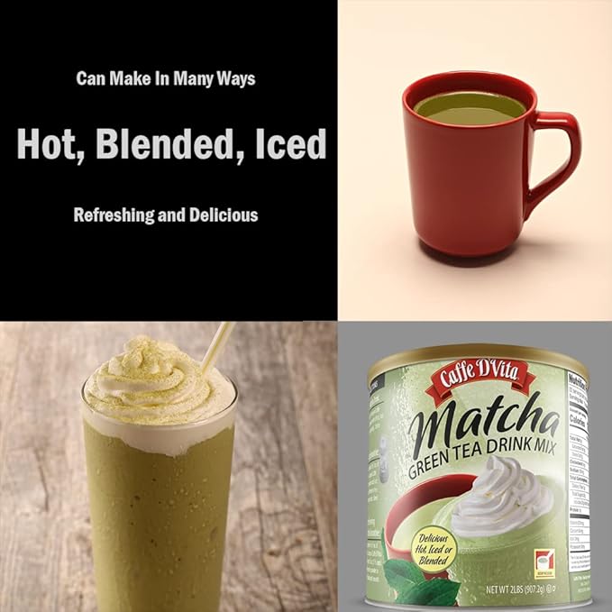 Caffe D'Vita Matcha Green Tea Drink Mix - Japanese Matcha Green Tea Powder Gluten Free Low Fat No Cholesterol No Hydrogenated Oils No Trans Fat Kosher-Dairy Green Matcha Tea Powder - 2 Lb Can