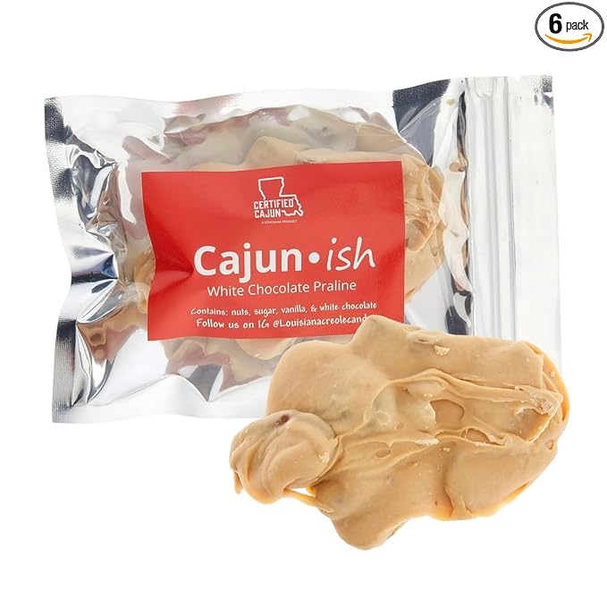 Creole ish Original praline pecans Candy-Authentic Sweet Delights from New Orleans Cajun Flavors Certified Louisiana Candy French Influence Dairy-Made Perfection (White Chocolate 6 Pack)