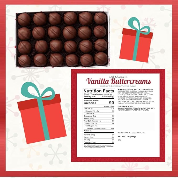 Premium Chocolates 16 Oz. Gift Box Great for Christmas Gifts &amp Holiday Entertaining (Vanilla Buttercreams)