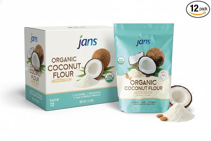 Jans Organic Coconut Flour (1.1 lb Pack of 12) Certified Organic Gluten-Free Keto Paleo Vegan Friendly Multi Purpose Flour Alternative High Fiber