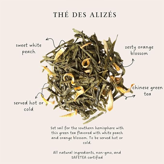 Palais des Thés - Alizes Winds Tea - Green Tea Peach &amp Orange Blossom - Premium Loose Leaf Serves 20-25 Cups - 3.5oz Tin