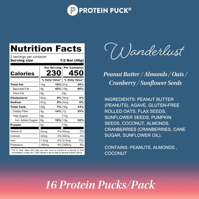 Protein Puck Plant Based Bars | Snacks with Vegan Protein | 16 Count | 3.25 oz Full Size | Gluten Free Non Dairy Kosher Certified Non GMO Premium Healthy Bars | Wanderlust