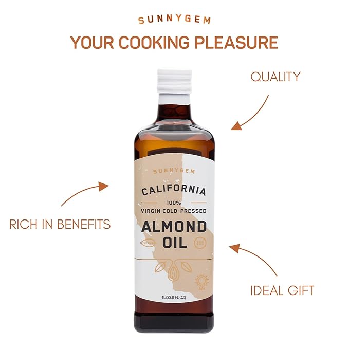 Sunnygem 100% Virgin Cold Pressed California Almond Oil 16.9 fl oz - Perfect for Cooking Baking Grilling Dipping &amp Marinating - Beneficial for Skin Hair &amp Face Care