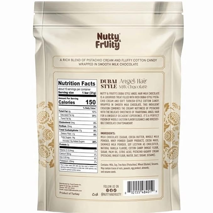 Nutty Fruity Dubai Angel Hair Milk Chocolate Premium Middle Eastern Style Chocolate Candy Creamy Milk Chocolate with Delicate Shredded Filling 16 oz (Pack of 2)