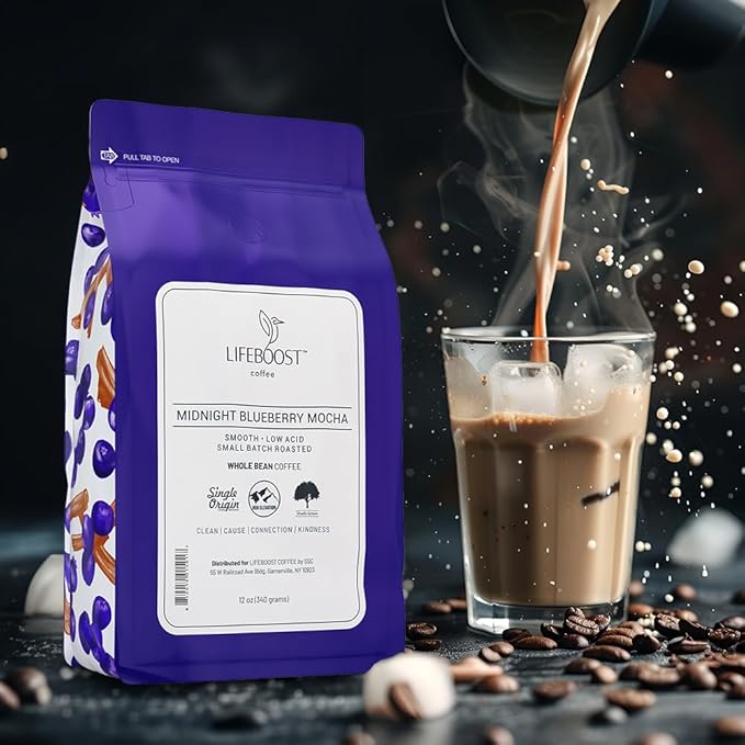 Lifeboost Midnight Blueberry Mocha Whole Bean Coffee - Non-GMO Wild Blueberry Low Acid Single Origin Coffee Beans - Third Party Tested For Mycotoxins &amp Pesticides - 12 Ounces