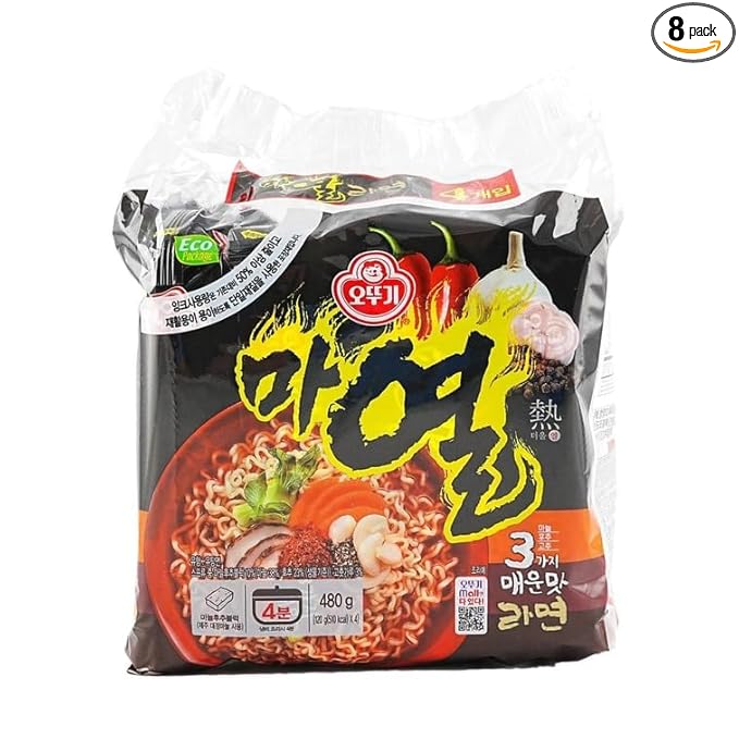 OTTOGI MAYEUL Ramen 8 Pack of Super Spicy Bold Garlic flavor Korean Instant Noodle Bold Savory Broth Soup (4.23oz x 8)