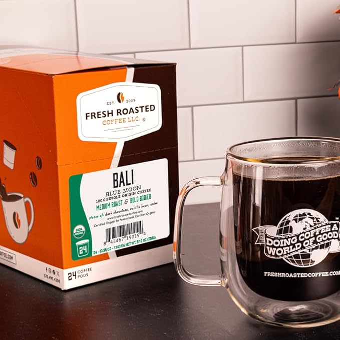 Fresh Roasted Coffee Organic Bali Blue Moon | USDA Kosher | Medium Roast 72 Pods for K Cup Brewers