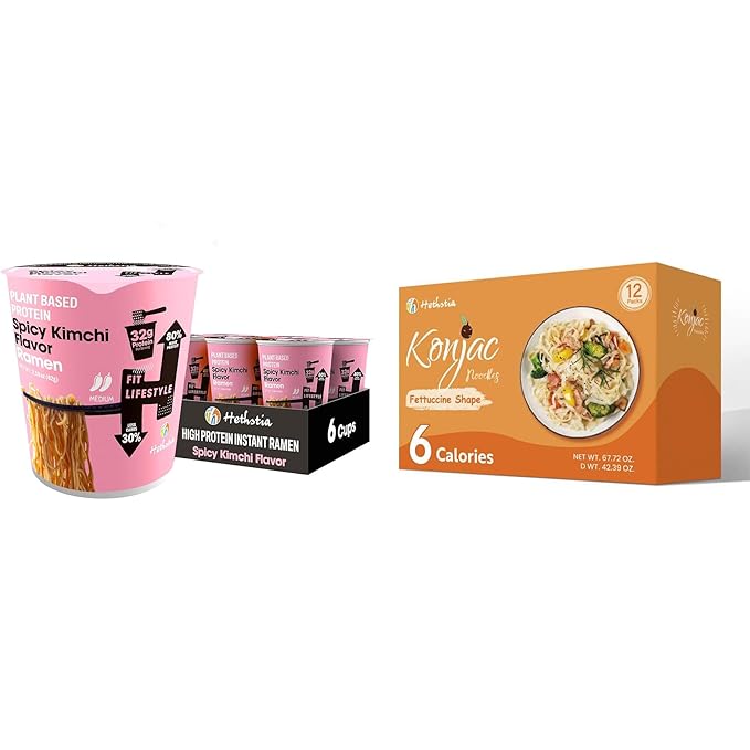 Hethstia High Protein Ramen Cup &amp Konjac Fettuccine Bundle – Spicy Kimchi Protein Ramen Soup Cups with Low-Carb Shirataki Pasta Vegan Non-Fried Low Fat Healthy Meal Combo