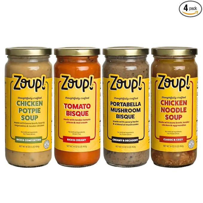 ZoupSoup Gourmet Soup Variety Pack 16 oz Jars - Chicken Noodle Chicken Pot Pie Portabella Mushroom Tomato Bisque