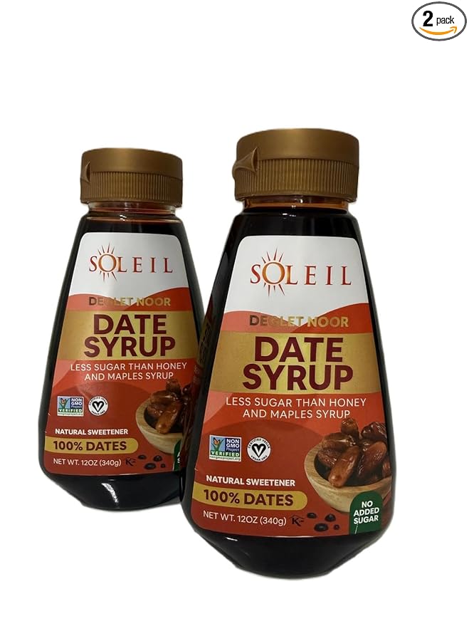 (Pack of 2) 12oz Soleil Date Syrup | Made with 100% Deglet Noor dates | Certified NON-GMO KOSHER. Healthy Natural Sweetener with NO added sugars or preservatives Gluten-free Vegan. PBA-free squeez