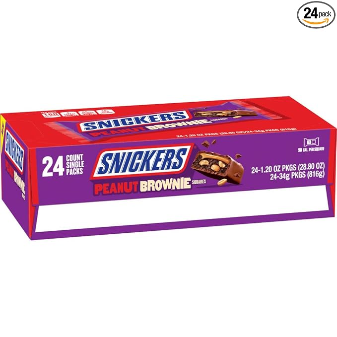 SNICKERS Peanut Brownie Squares Full Size Chocolate Candy Bar 1.2 oz (Pack of 24)