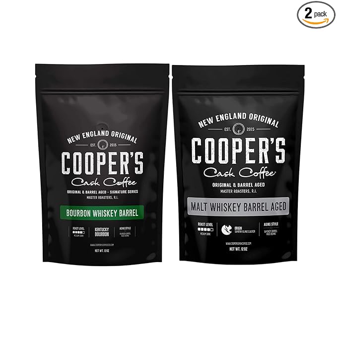 Bourbon Whiskey - Colombian Coffee Beans Aged in Kentucky Bourbon Whiskey Barrels - 12oz and Single-Malt Whiskey - Sumatra Coffee Beans Aged in Stout Whiskey Barrels - 12 oz