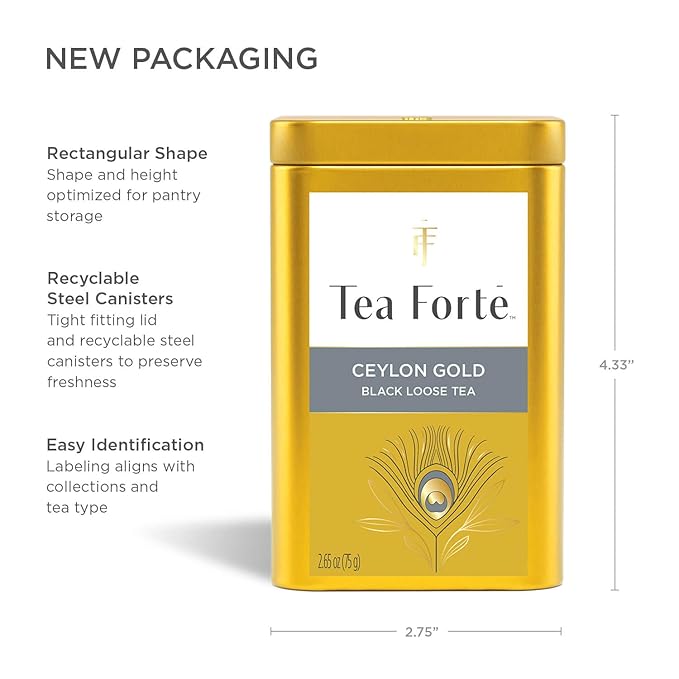 Tea Forte Ceylon Gold Premium Loose Leaf Caffeinated Black Tea Blend Canister Makes 35-50 Cups