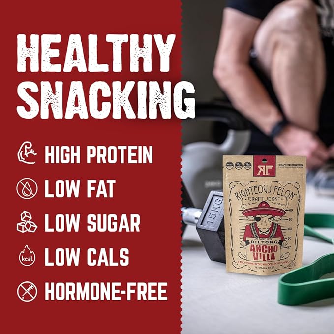 Righteous Felon Biltong Beef Jerky | South African Biltong Snack Packs for Adults | High Protein Keto-Friendly Low Sugar | Made with Premium Meats | Beef Jerky Gifts for Men | Ancho Villa 3 Pack