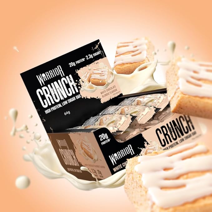 Warrior Crunch High Protein Bars | 20g Protein Low Carb Low Sugar Keto Friendly | Delicious Chewy Crispy On The Go Snack | Box of 12 Bars (White Chocolate Blondie)